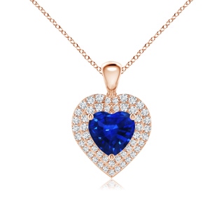 7mm AAAA Blue Sapphire Heart Pendant with Diamond Double Halo in Rose Gold