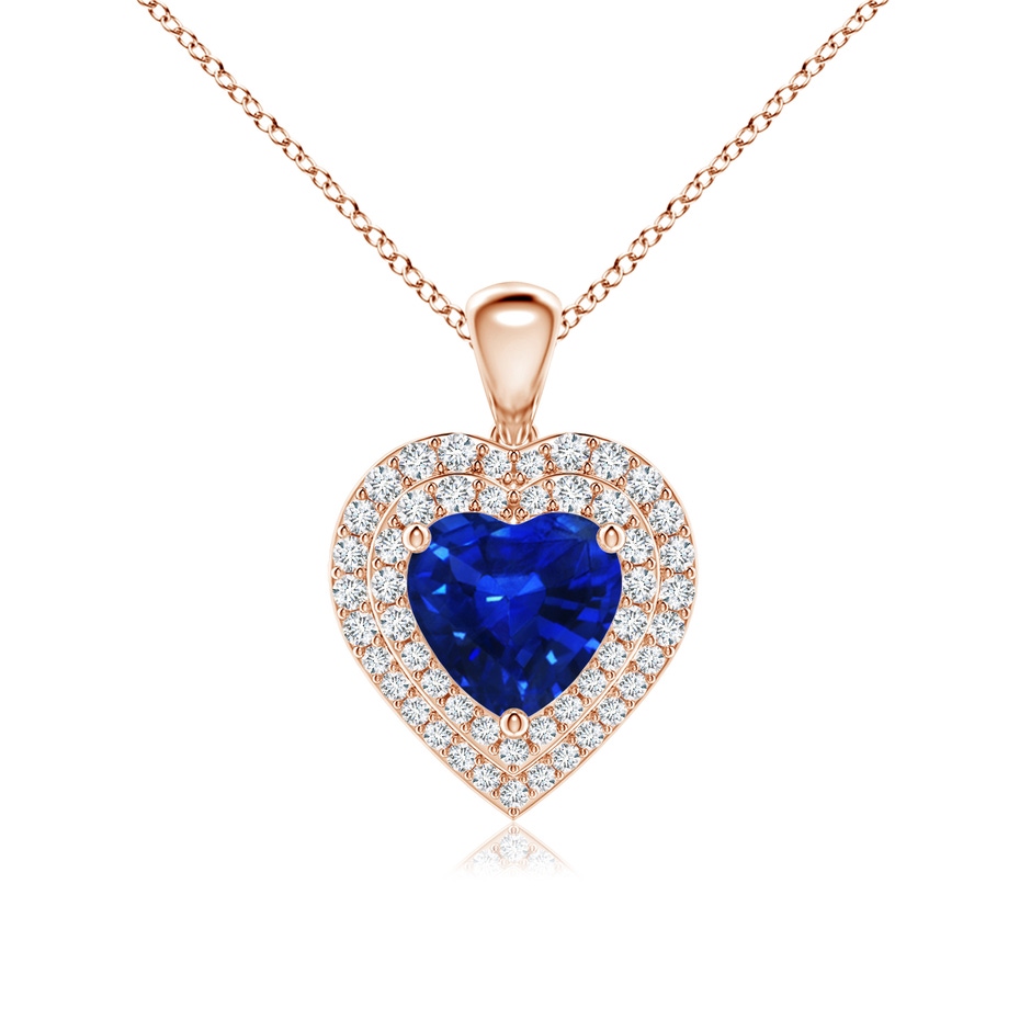 7mm AAAA Blue Sapphire Heart Pendant with Diamond Double Halo in Rose Gold 