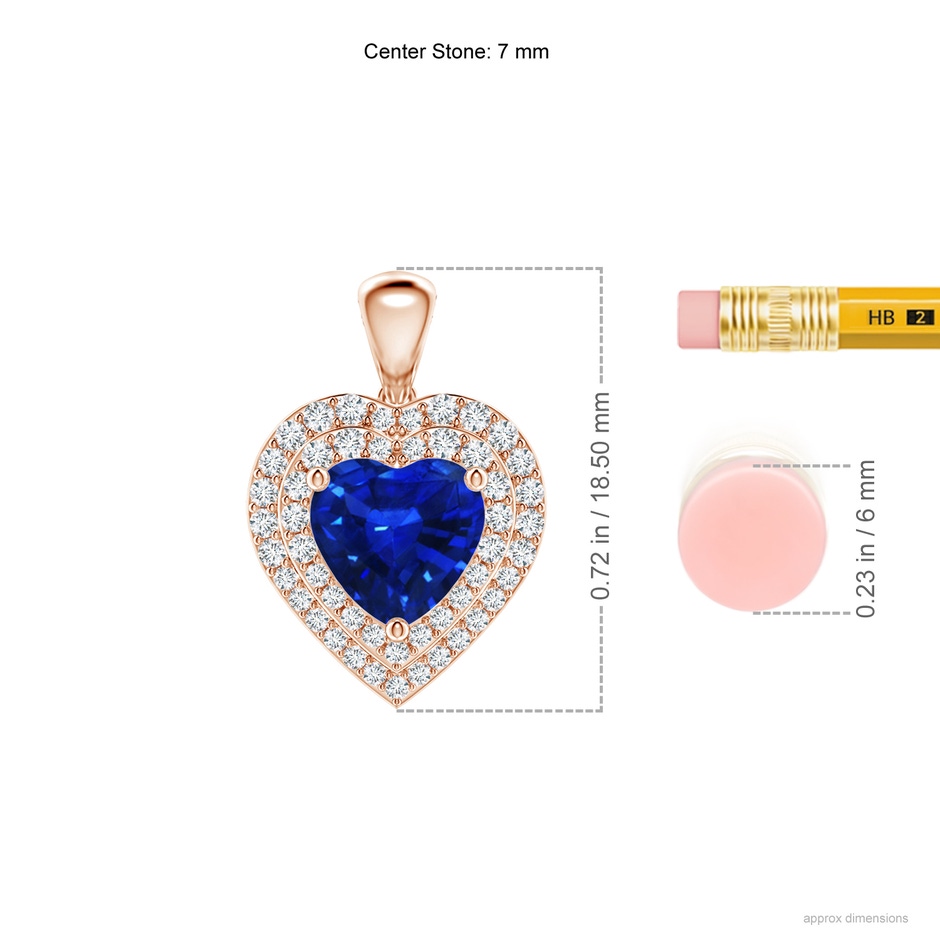 7mm AAAA Blue Sapphire Heart Pendant with Diamond Double Halo in Rose Gold ruler