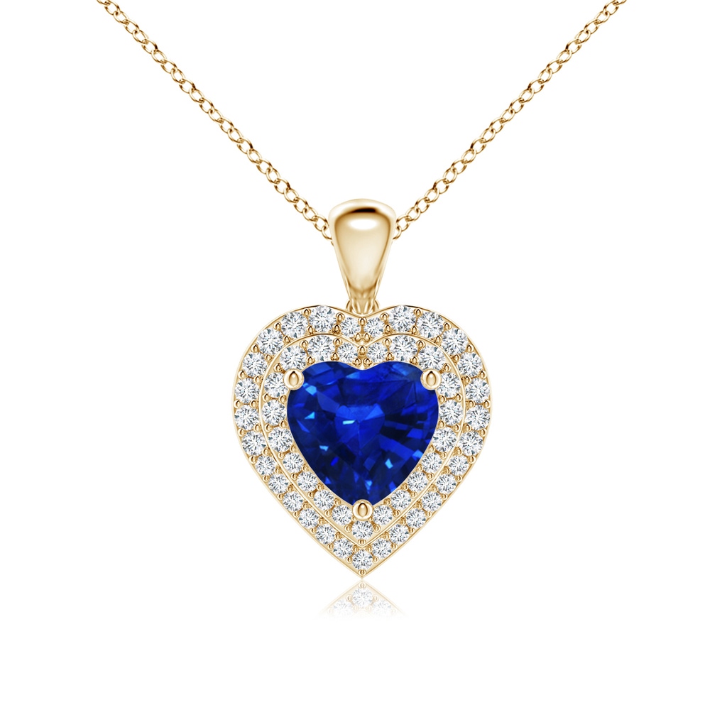 7mm AAAA Blue Sapphire Heart Pendant with Diamond Double Halo in Yellow Gold