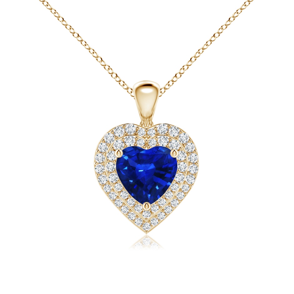 7mm AAAA Blue Sapphire Heart Pendant with Diamond Double Halo in Yellow Gold 