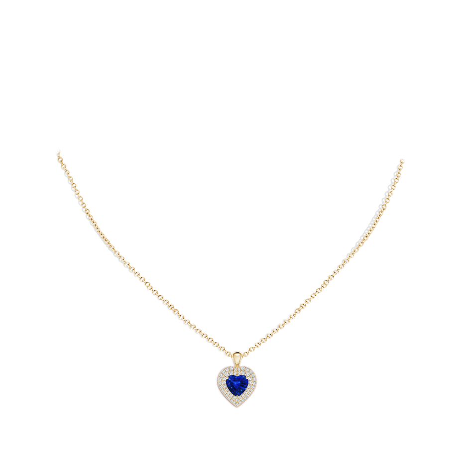 7mm AAAA Blue Sapphire Heart Pendant with Diamond Double Halo in Yellow Gold body-neck