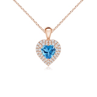 5mm AAA Swiss Blue Topaz Heart Pendant with Diamond Double Halo in Rose Gold