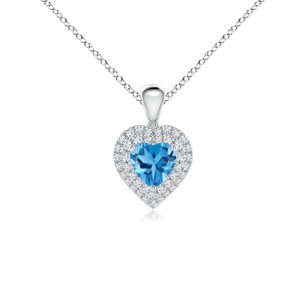 5mm AAA Swiss Blue Topaz Heart Pendant with Diamond Double Halo in White Gold