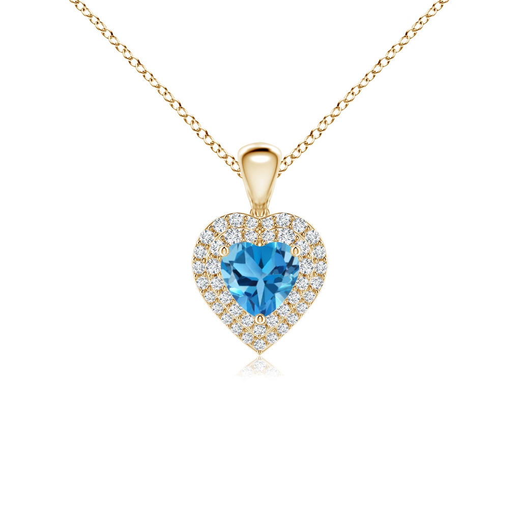 5mm AAA Swiss Blue Topaz Heart Pendant with Diamond Double Halo in Yellow Gold