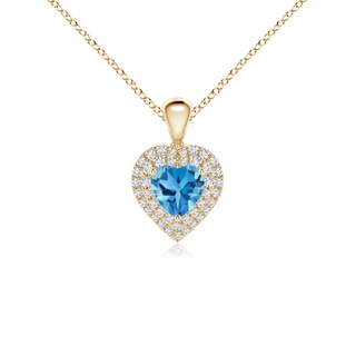 5mm AAA Swiss Blue Topaz Heart Pendant with Diamond Double Halo in Yellow Gold