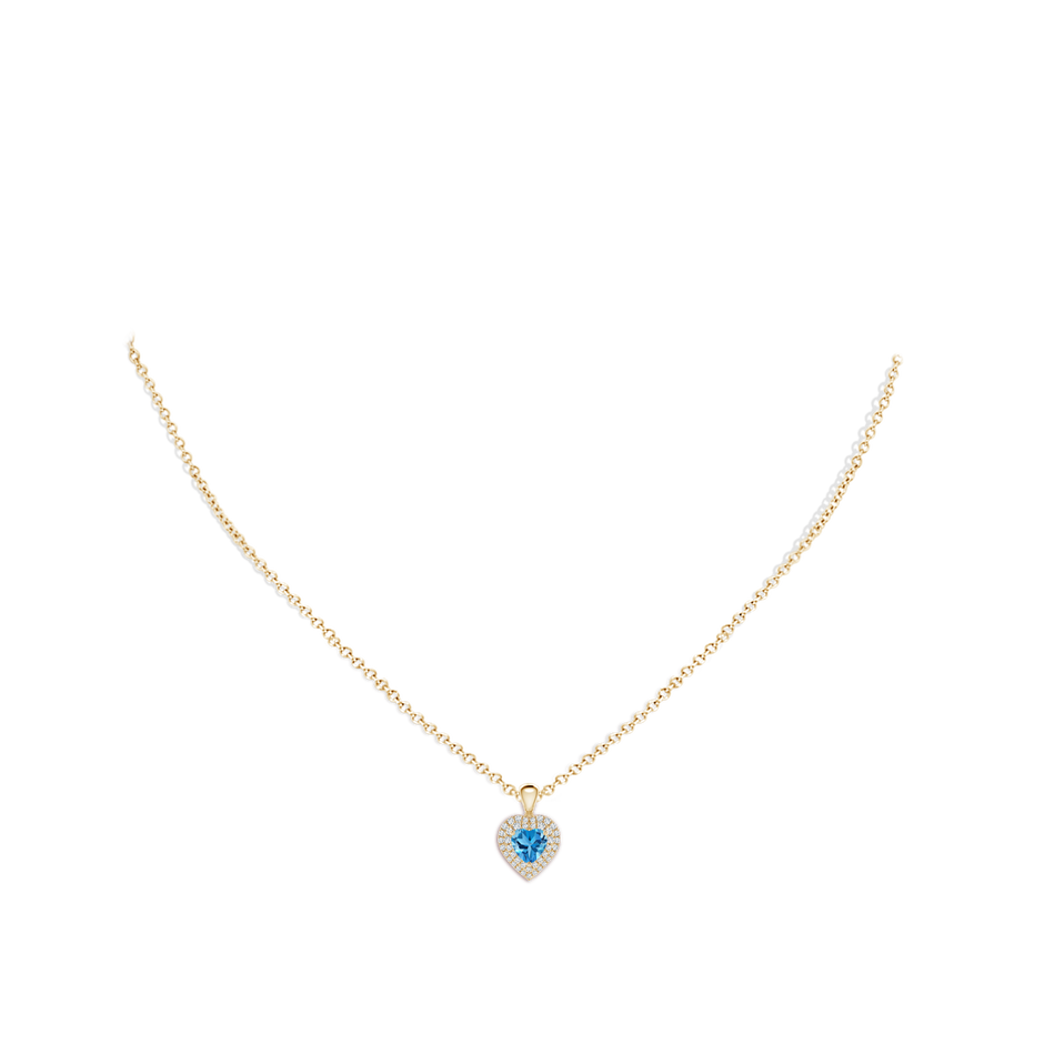 5mm AAA Swiss Blue Topaz Heart Pendant with Diamond Double Halo in Yellow Gold body-neck