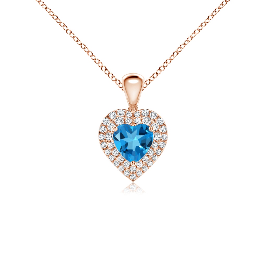 5mm AAAA Swiss Blue Topaz Heart Pendant with Diamond Double Halo in Rose Gold