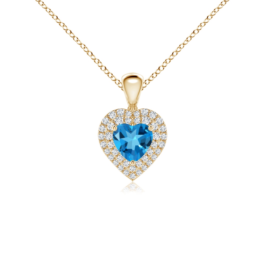 5mm AAAA Swiss Blue Topaz Heart Pendant with Diamond Double Halo in Yellow Gold