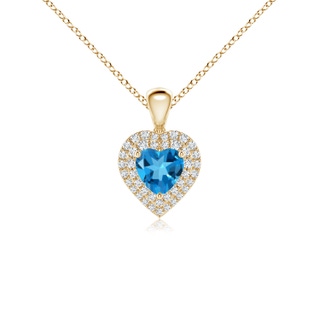 5mm AAAA Swiss Blue Topaz Heart Pendant with Diamond Double Halo in Yellow Gold