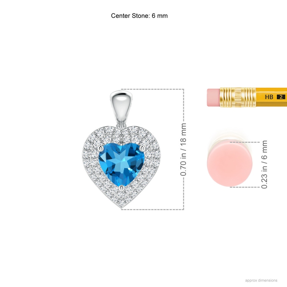 6mm AAAA Swiss Blue Topaz Heart Pendant with Diamond Double Halo in P950 Platinum ruler