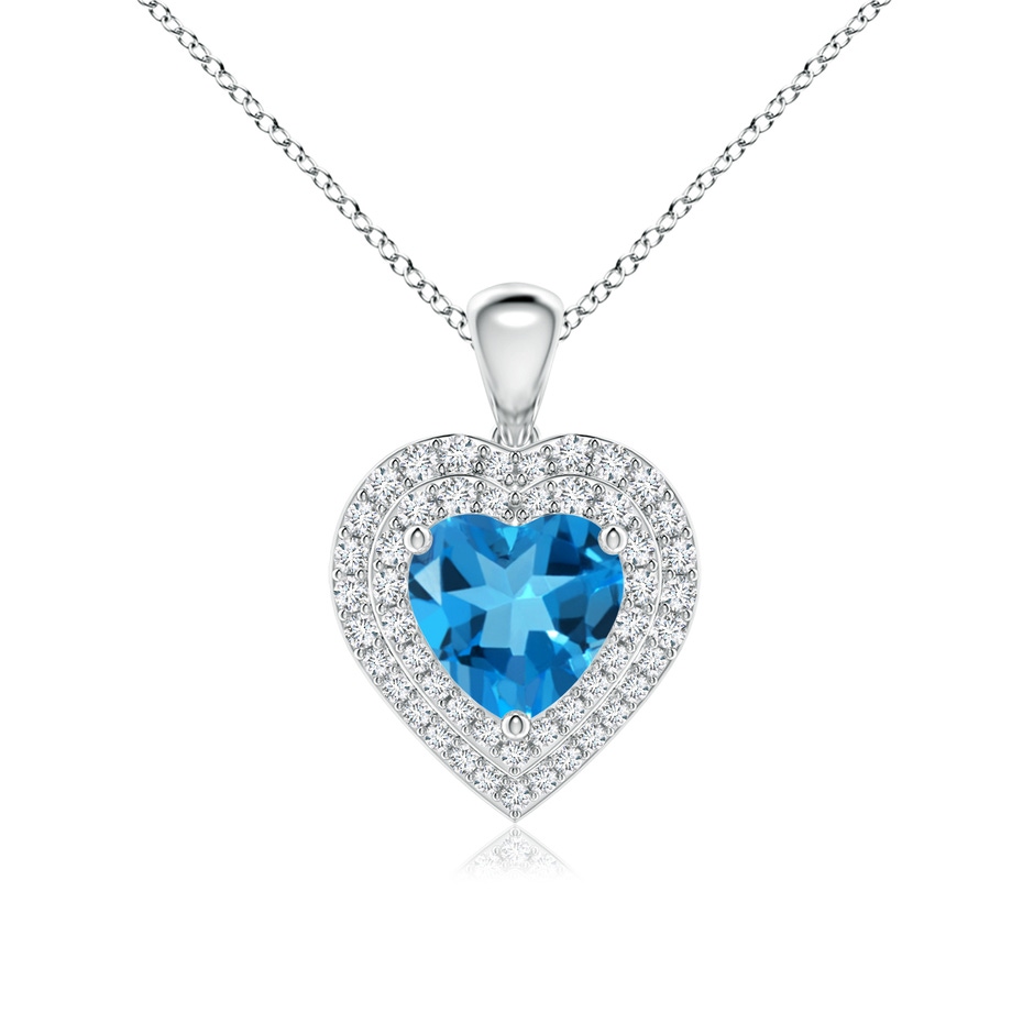 7mm AAAA Swiss Blue Topaz Heart Pendant with Diamond Double Halo in White Gold 