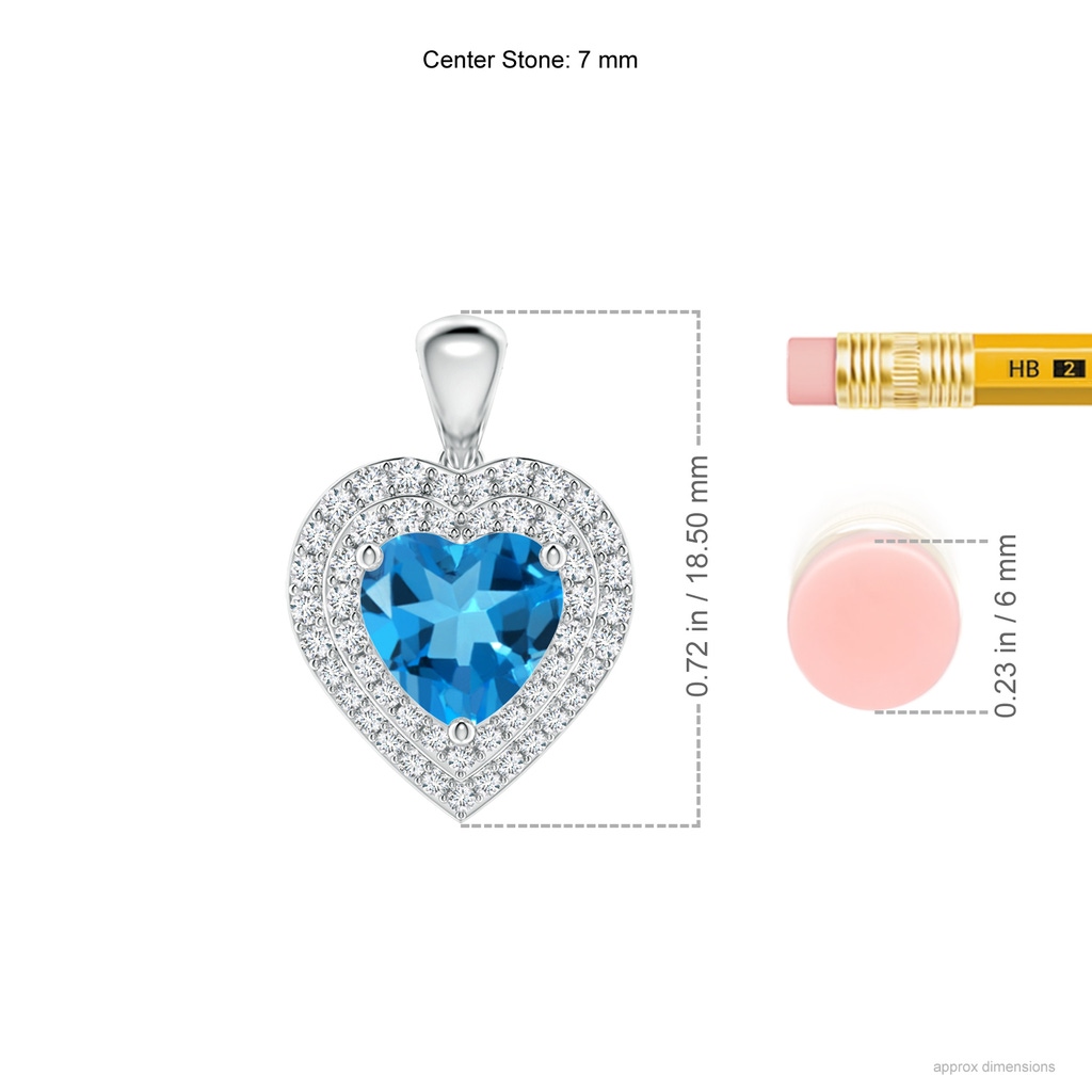 7mm AAAA Swiss Blue Topaz Heart Pendant with Diamond Double Halo in White Gold Ruler