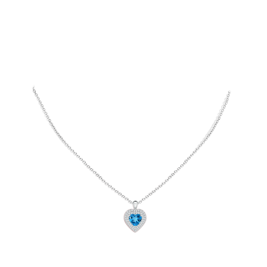 7mm AAAA Swiss Blue Topaz Heart Pendant with Diamond Double Halo in White Gold Body-Neck