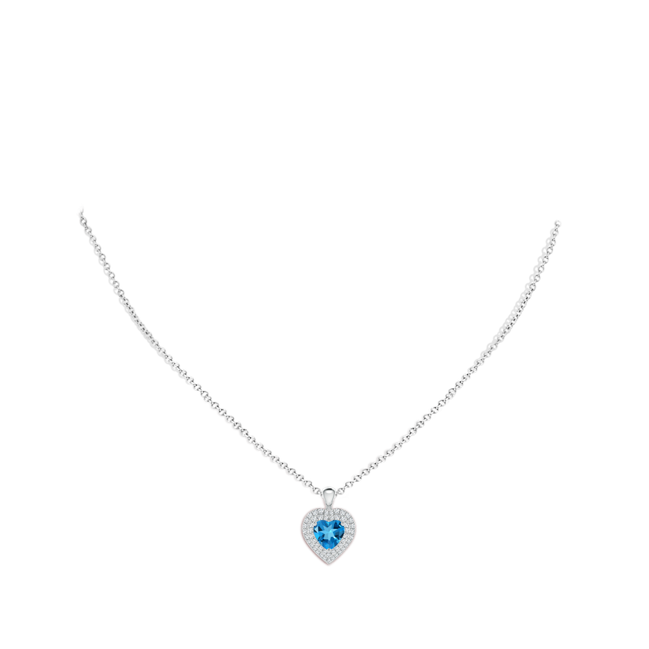 7mm AAAA Swiss Blue Topaz Heart Pendant with Diamond Double Halo in White Gold body-neck