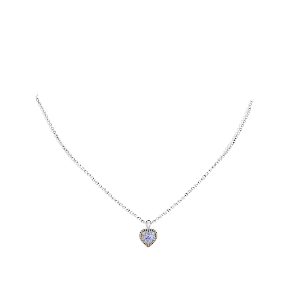 5mm A Tanzanite Heart Pendant with Coffee and White Diamond Halo in White Gold body-neck