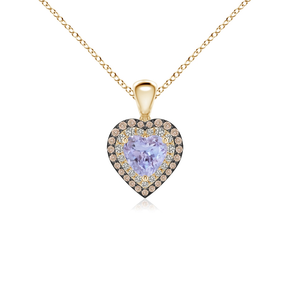 5mm A Tanzanite Heart Pendant with Coffee and White Diamond Halo in Yellow Gold 