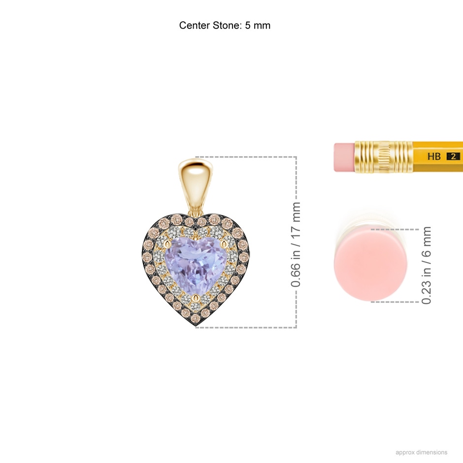 5mm A Tanzanite Heart Pendant with Coffee and White Diamond Halo in Yellow Gold ruler