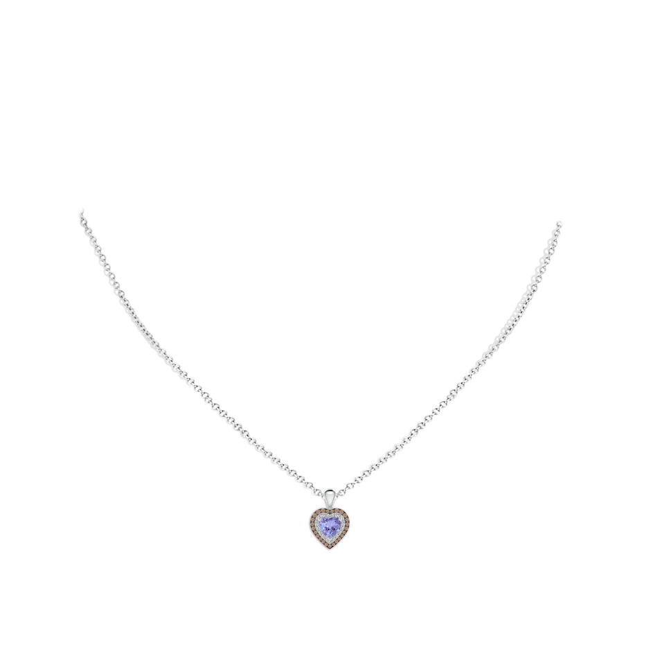 5mm AA Tanzanite Heart Pendant with Coffee and White Diamond Halo in P950 Platinum body-neck