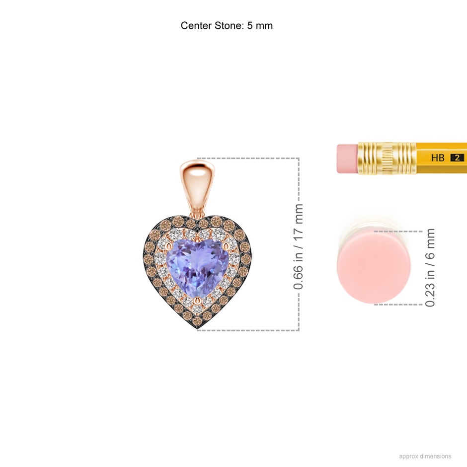 5mm AA Tanzanite Heart Pendant with Coffee and White Diamond Halo in Rose Gold ruler