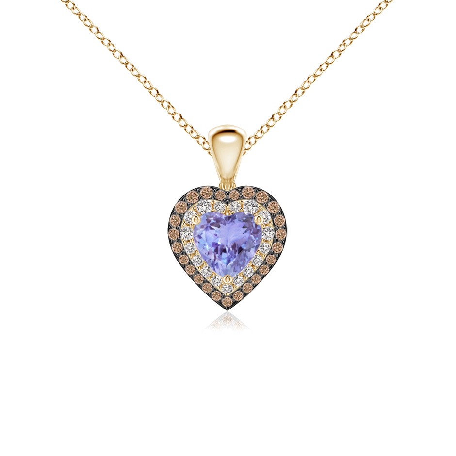 5mm AA Tanzanite Heart Pendant with Coffee and White Diamond Halo in Yellow Gold 
