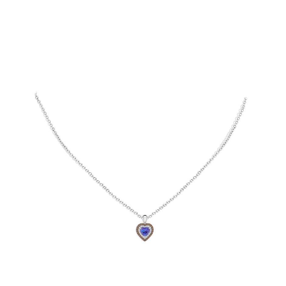 5mm AAA Tanzanite Heart Pendant with Coffee and White Diamond Halo in White Gold body-neck