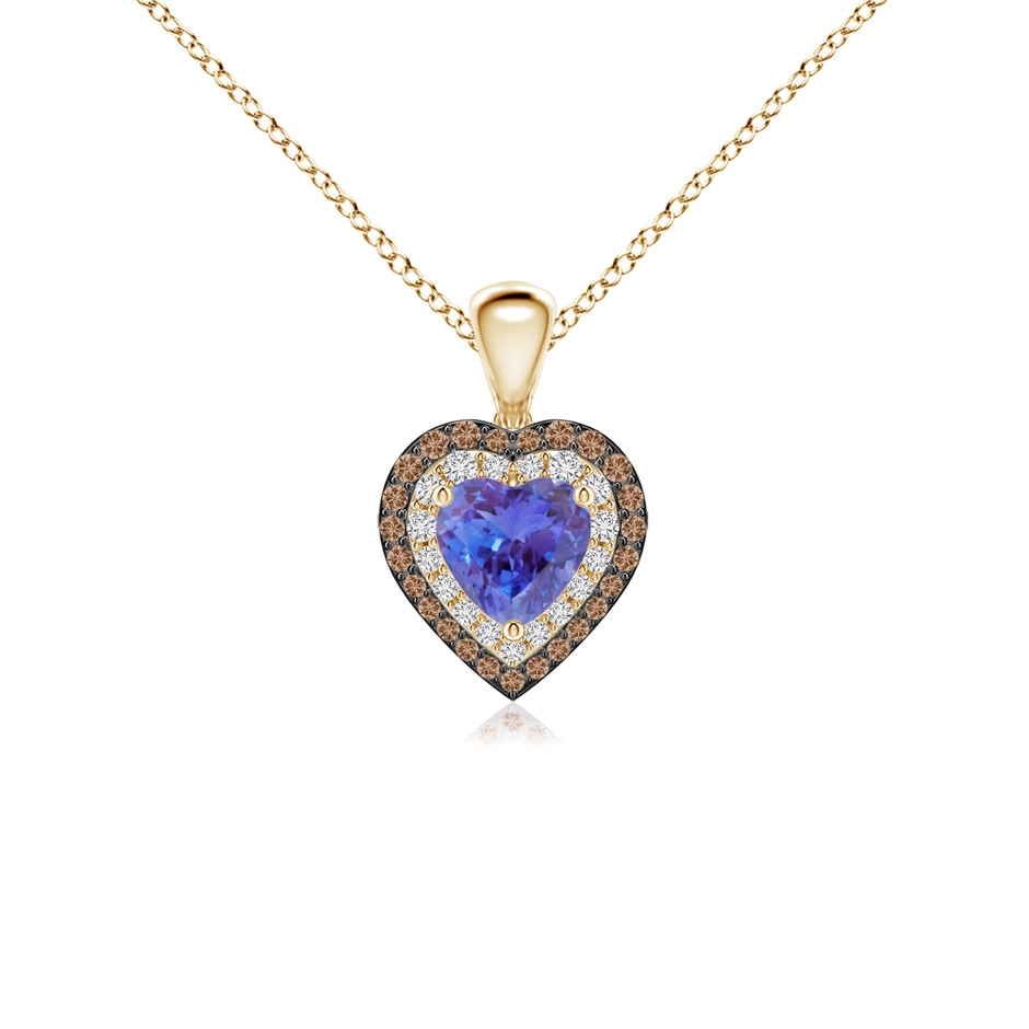 5mm AAA Tanzanite Heart Pendant with Coffee and White Diamond Halo in Yellow Gold 