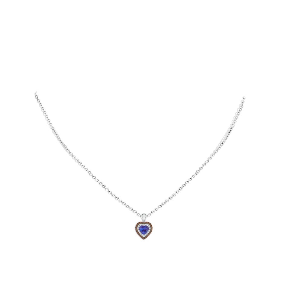 5mm AAAA Tanzanite Heart Pendant with Coffee and White Diamond Halo in P950 Platinum body-neck