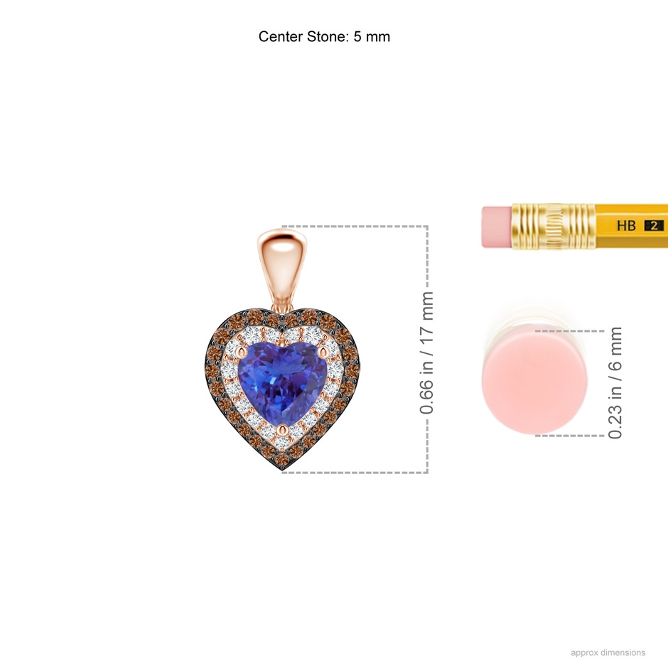 5mm AAAA Tanzanite Heart Pendant with Coffee and White Diamond Halo in Rose Gold ruler