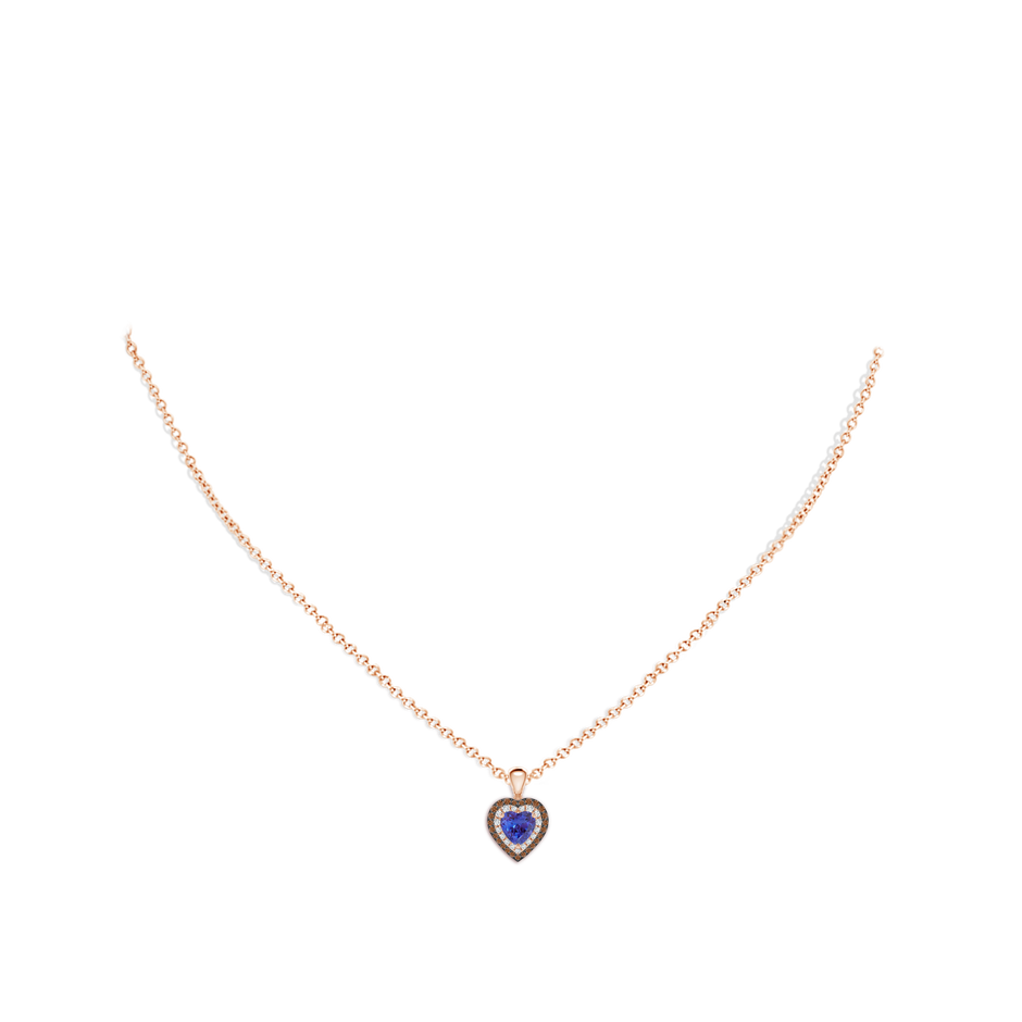 5mm AAAA Tanzanite Heart Pendant with Coffee and White Diamond Halo in Rose Gold body-neck