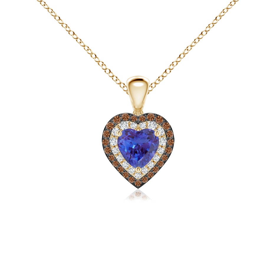5mm AAAA Tanzanite Heart Pendant with Coffee and White Diamond Halo in Yellow Gold 