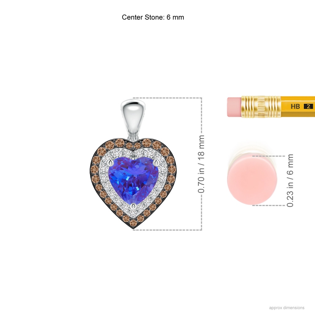 6mm AAA Tanzanite Heart Pendant with Coffee and White Diamond Halo in White Gold Ruler