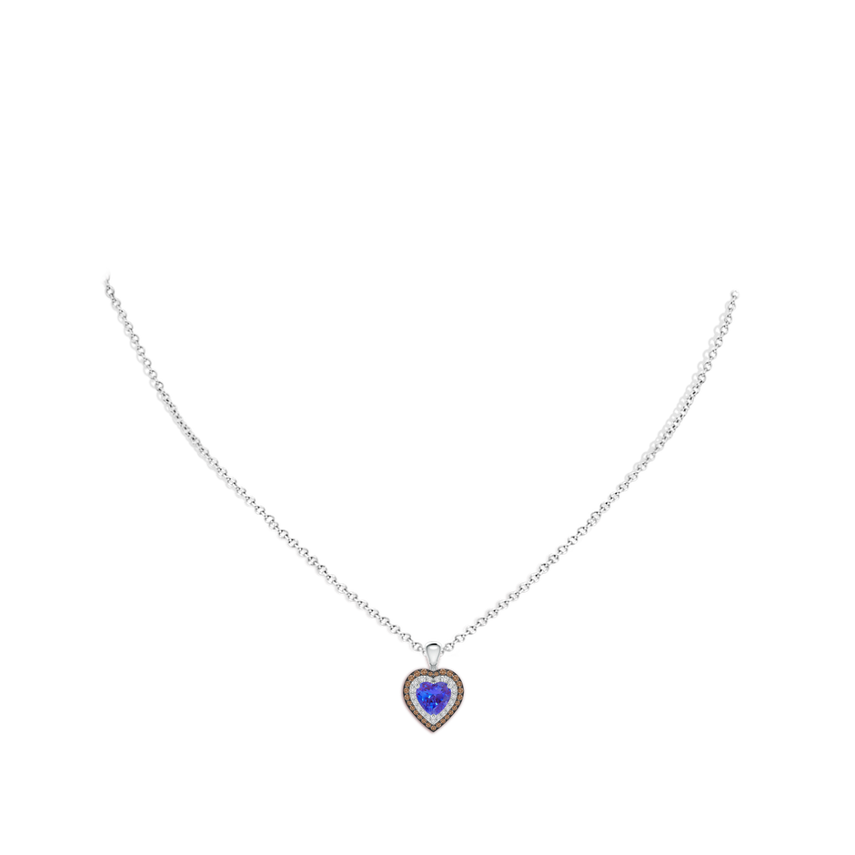 6mm AAA Tanzanite Heart Pendant with Coffee and White Diamond Halo in White Gold body-neck