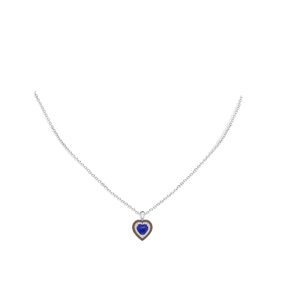6mm AAAA Tanzanite Heart Pendant with Coffee and White Diamond Halo in P950 Platinum body-neck