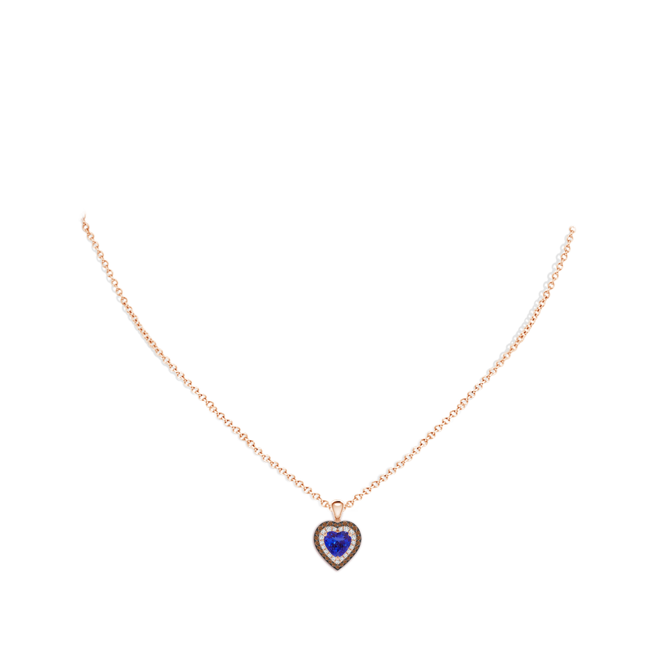 6mm AAAA Tanzanite Heart Pendant with Coffee and White Diamond Halo in Rose Gold body-neck
