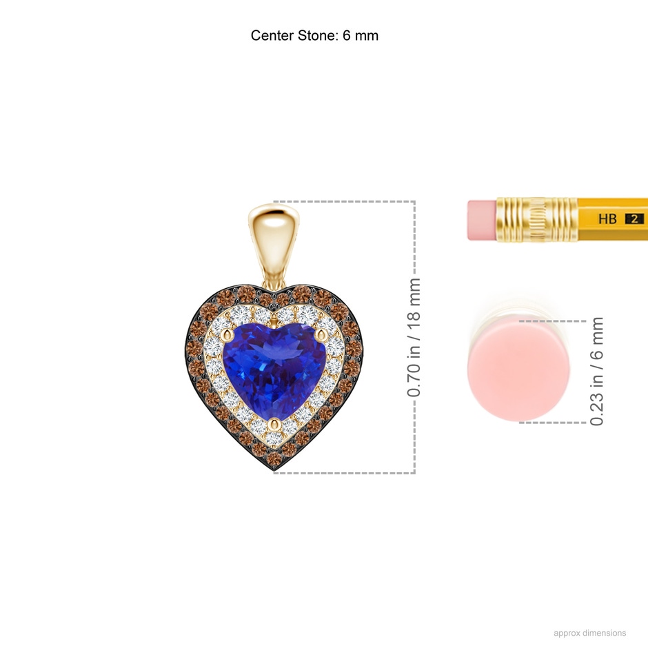 6mm AAAA Tanzanite Heart Pendant with Coffee and White Diamond Halo in Yellow Gold ruler