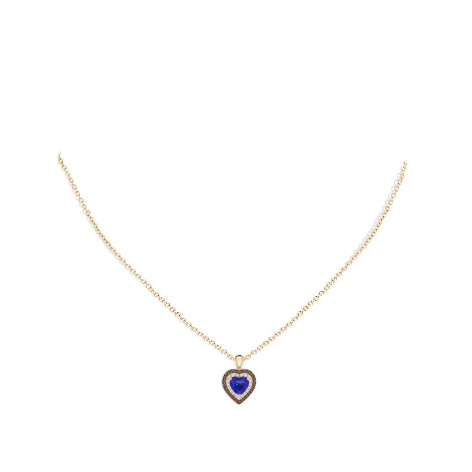 6mm AAAA Tanzanite Heart Pendant with Coffee and White Diamond Halo in Yellow Gold body-neck