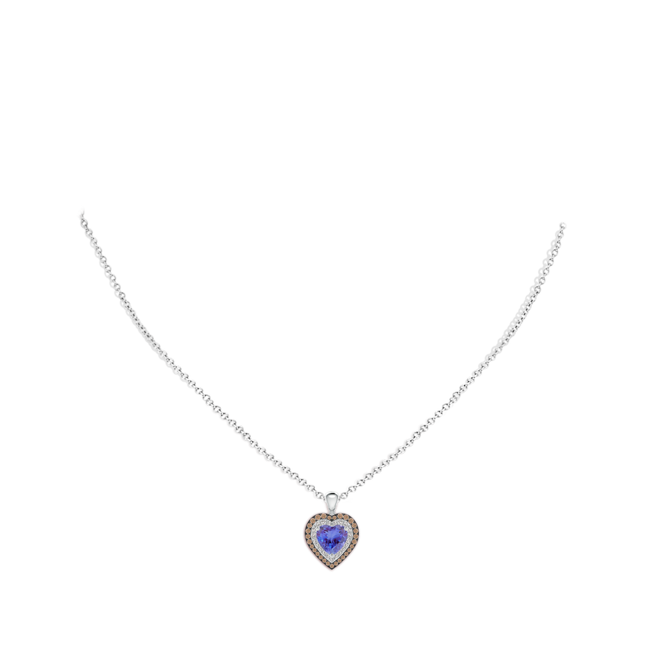 7mm AA Tanzanite Heart Pendant with Coffee and White Diamond Halo in White Gold body-neck