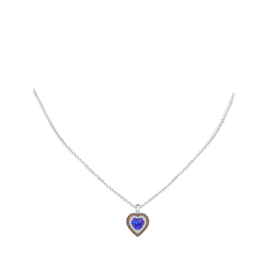 7mm AAA Tanzanite Heart Pendant with Coffee and White Diamond Halo in White Gold body-neck