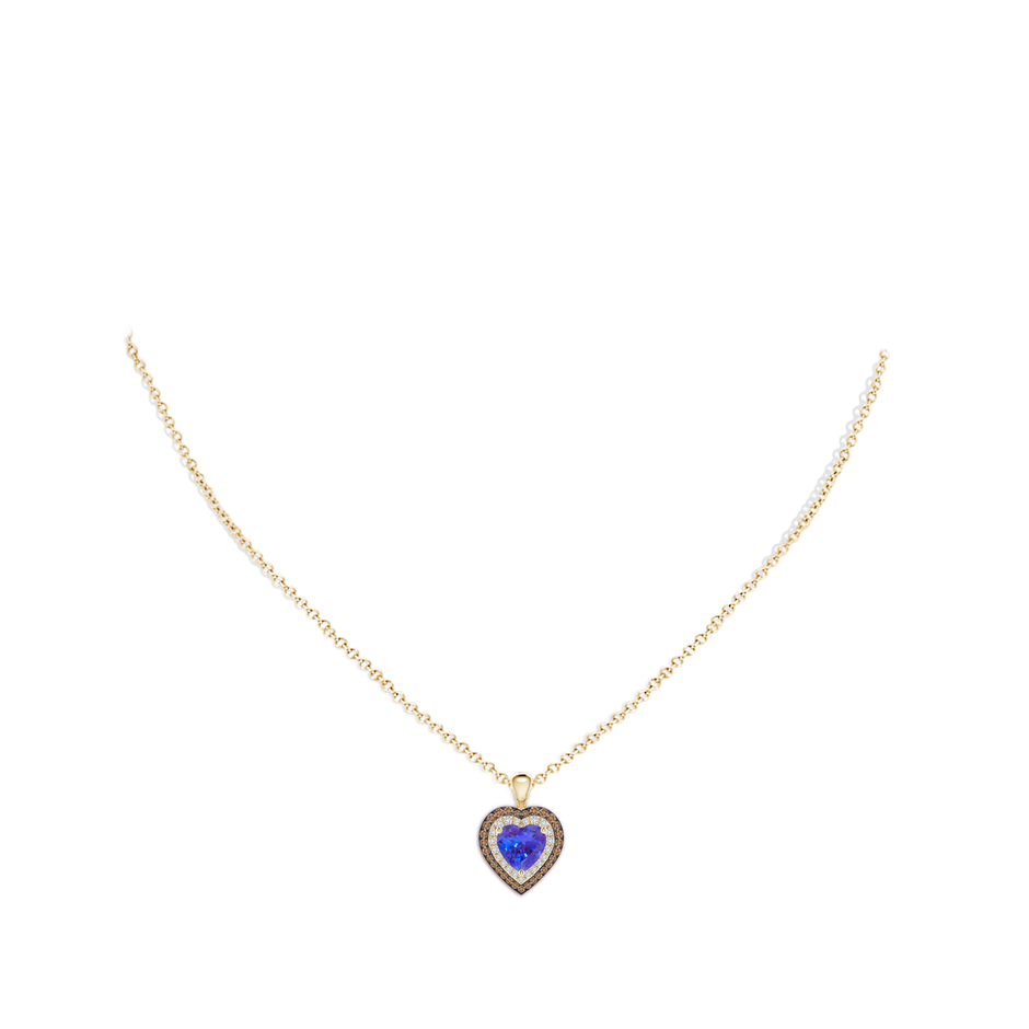 7mm AAA Tanzanite Heart Pendant with Coffee and White Diamond Halo in Yellow Gold body-neck