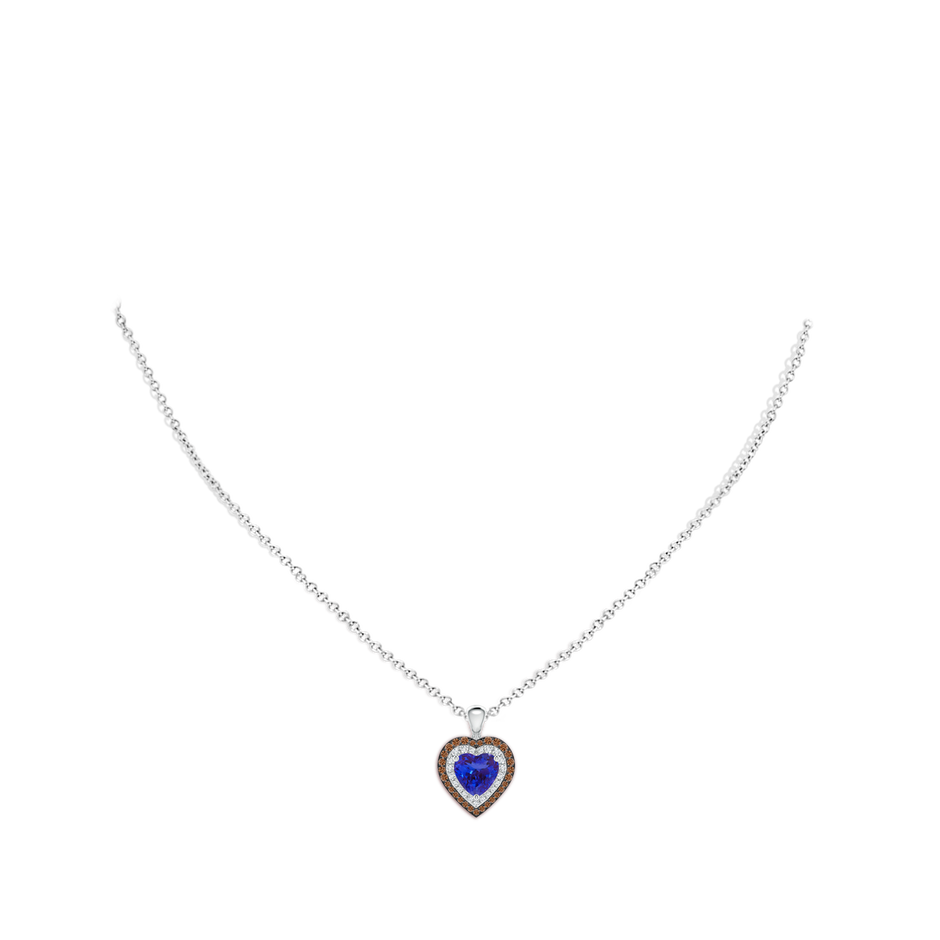 7mm AAAA Tanzanite Heart Pendant with Coffee and White Diamond Halo in P950 Platinum body-neck