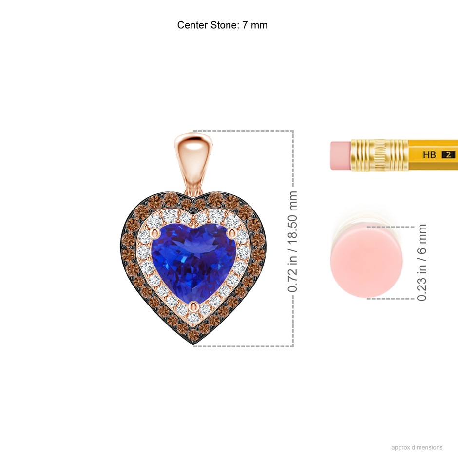 7mm AAAA Tanzanite Heart Pendant with Coffee and White Diamond Halo in Rose Gold ruler
