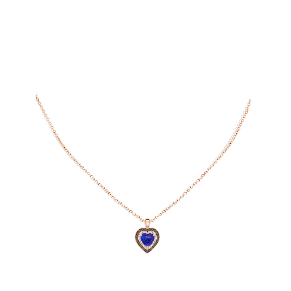 7mm AAAA Tanzanite Heart Pendant with Coffee and White Diamond Halo in Rose Gold body-neck