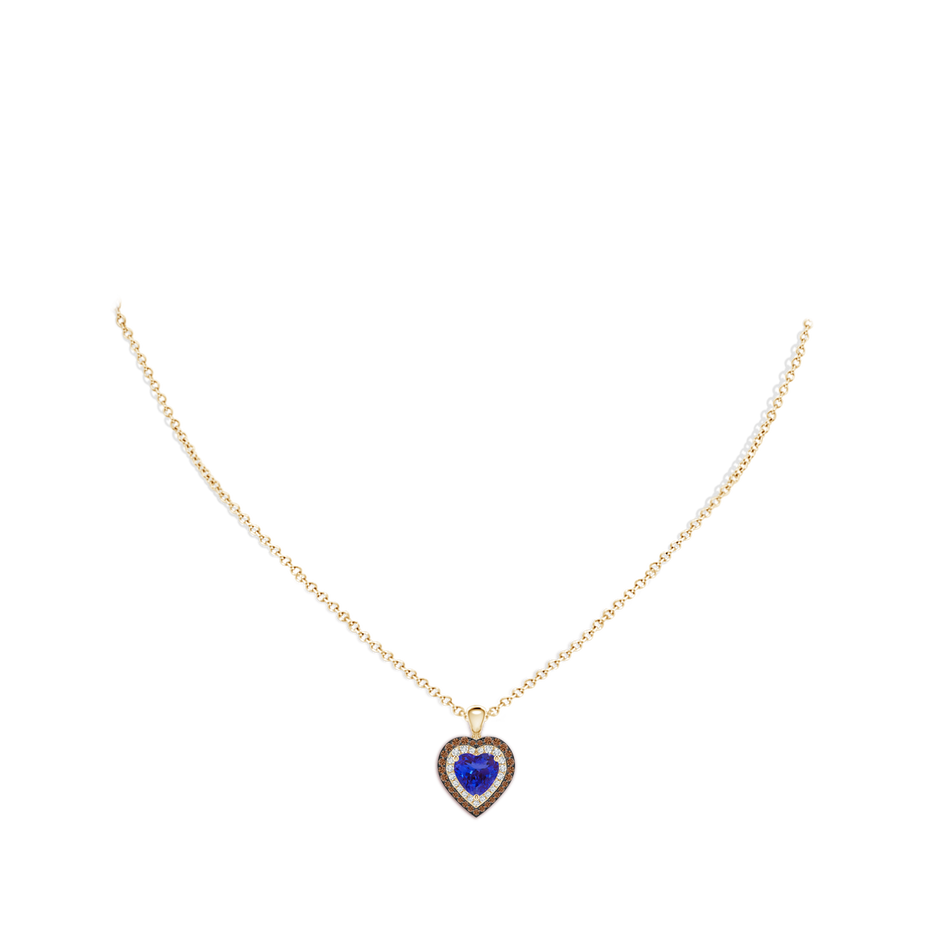 7mm AAAA Tanzanite Heart Pendant with Coffee and White Diamond Halo in Yellow Gold body-neck
