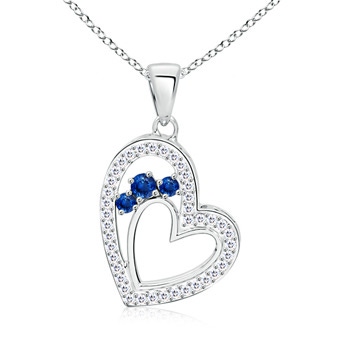 3.2mm AAA Sapphire Three Stone Double Heart Pendant with Diamonds in White Gold 