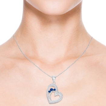 3.2mm AAA Sapphire Three Stone Double Heart Pendant with Diamonds in White Gold product image