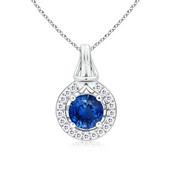 6.5mm AAA Round Sapphire Love Knot Pendant with Diamonds in White Gold 