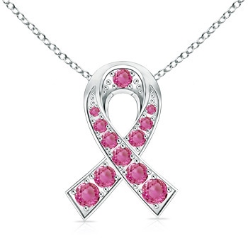 1.3mm AA 14k White Gold Round Pink Sapphire Ribbon Pendant in White Gold
