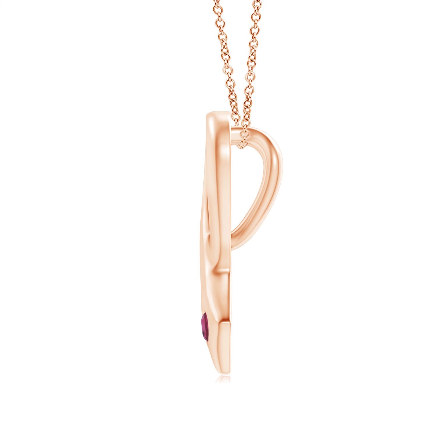 2.5mm AAAA Gypsy-Set Round Pink Tourmaline Ribbon Pendant in Rose Gold - side 2