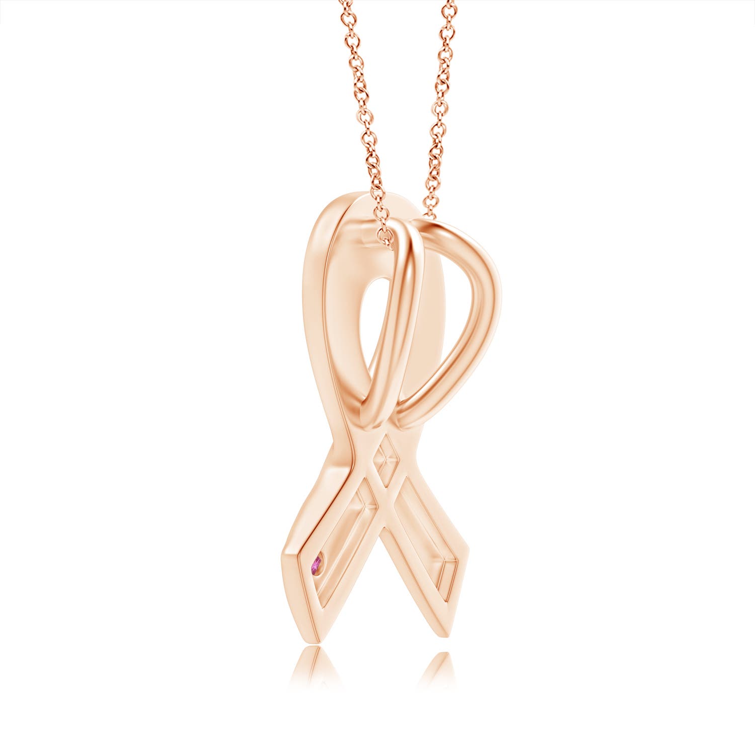 2.5mm AAAA Gypsy-Set Round Pink Tourmaline Ribbon Pendant in Rose Gold - side 3
